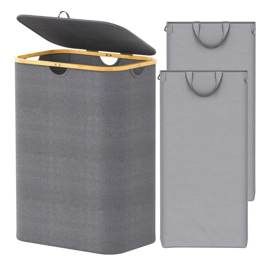 

Double Laundry Hamper 2 Section with Lid and Removable Laundry Bags, 160L Clothes Basket with Bamboo Handles, Large Collapsible