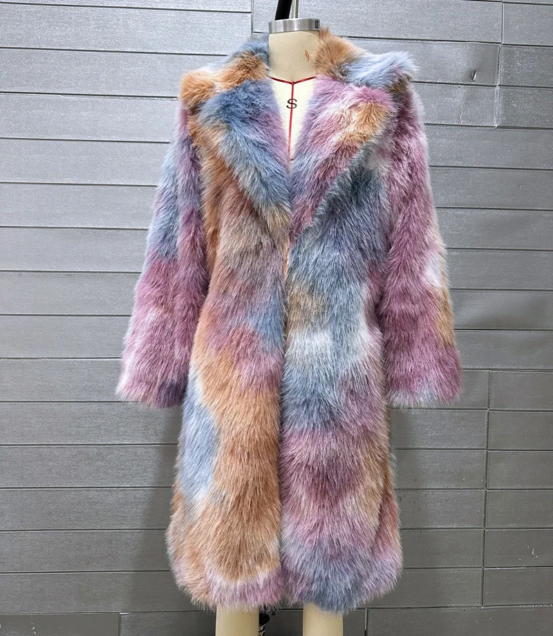 Fur Long Loose Lapels Color Faux Fur Coat Women\'s Toka Large Soft Shaggy Fluffy Faux Fur Jacket Women Pocket Lapel Fur Coat New