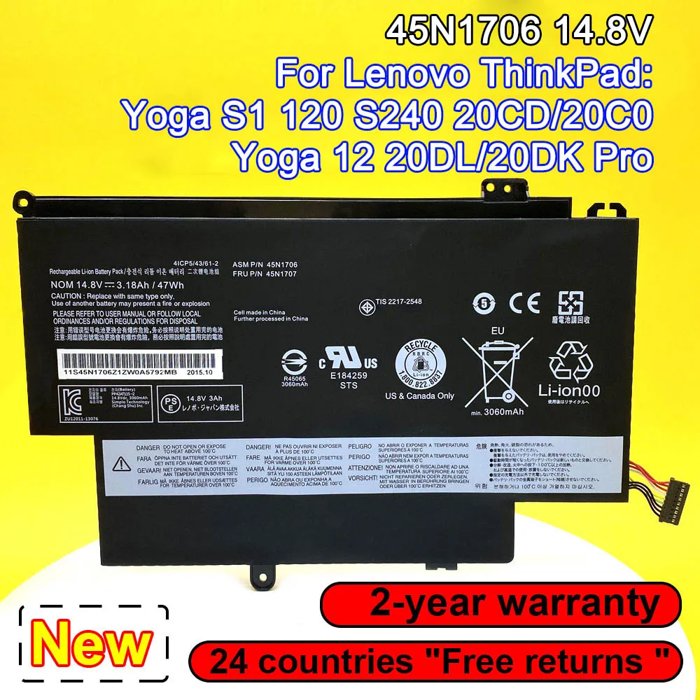 

For Lenovo ThinkPad Yoga S1 120 S240 20CD/20C0 Yoga 12 20DL/20DK Pro 45N1705 45N1707 45N1704 45N1706 Laptop Battery 14.8V 47Wh