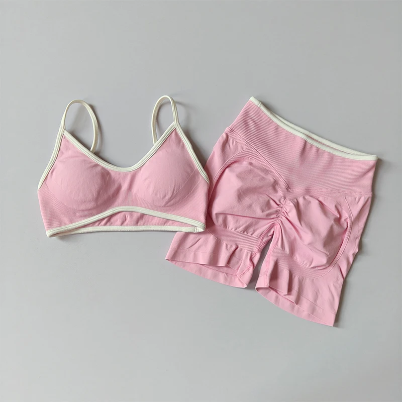 2PCS Yoga Suit Seamless with Chest Pad Tight Sports Bras and High Waist Shorts Outside Wear Running Exercise Fitness Yoga Set image 5