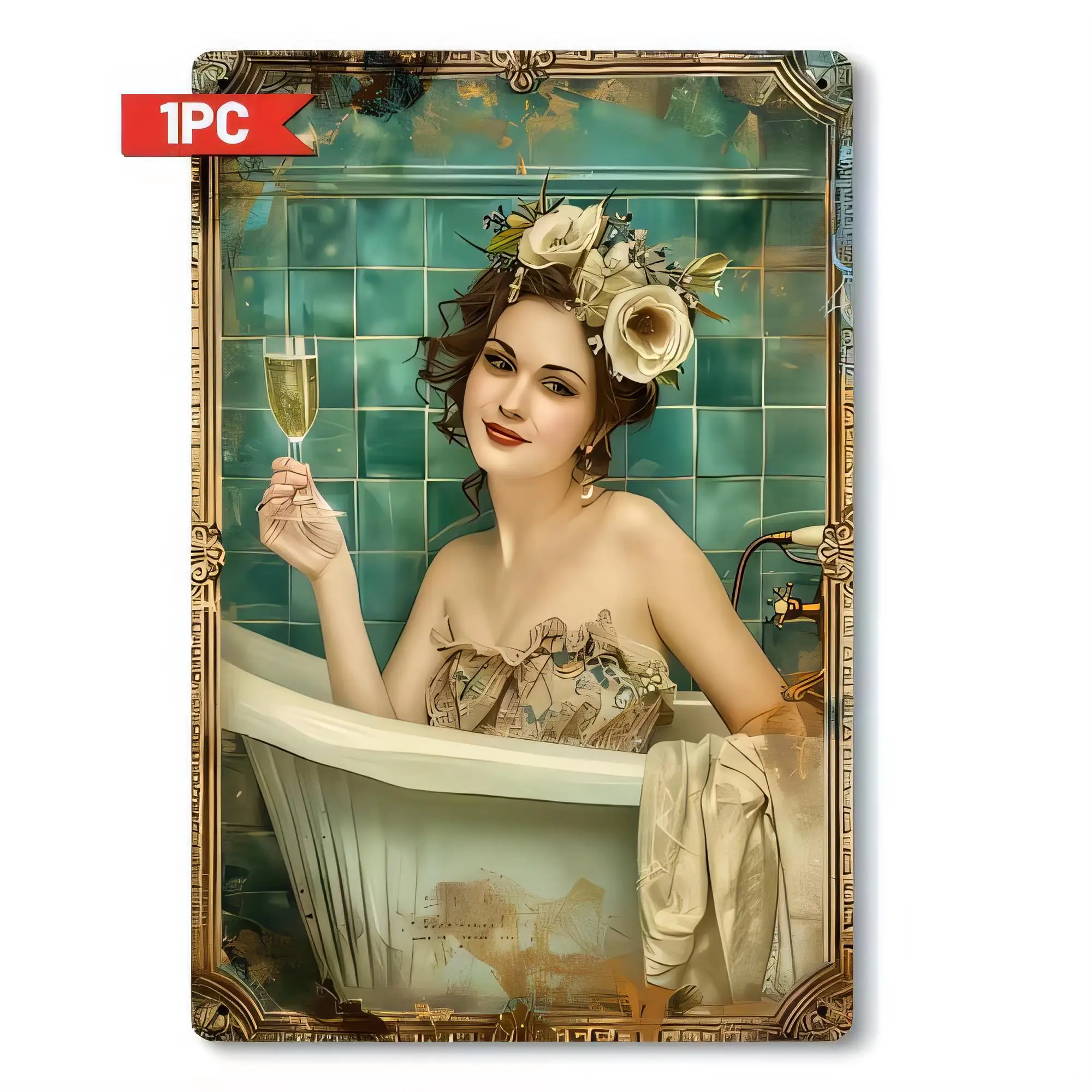 Vintage Elegant Blonde Woman Holding Champagne Glass Tin Sign for Bar Pub Wall Decor, Retro 3D Art Metal Poster Plaque, Fashion