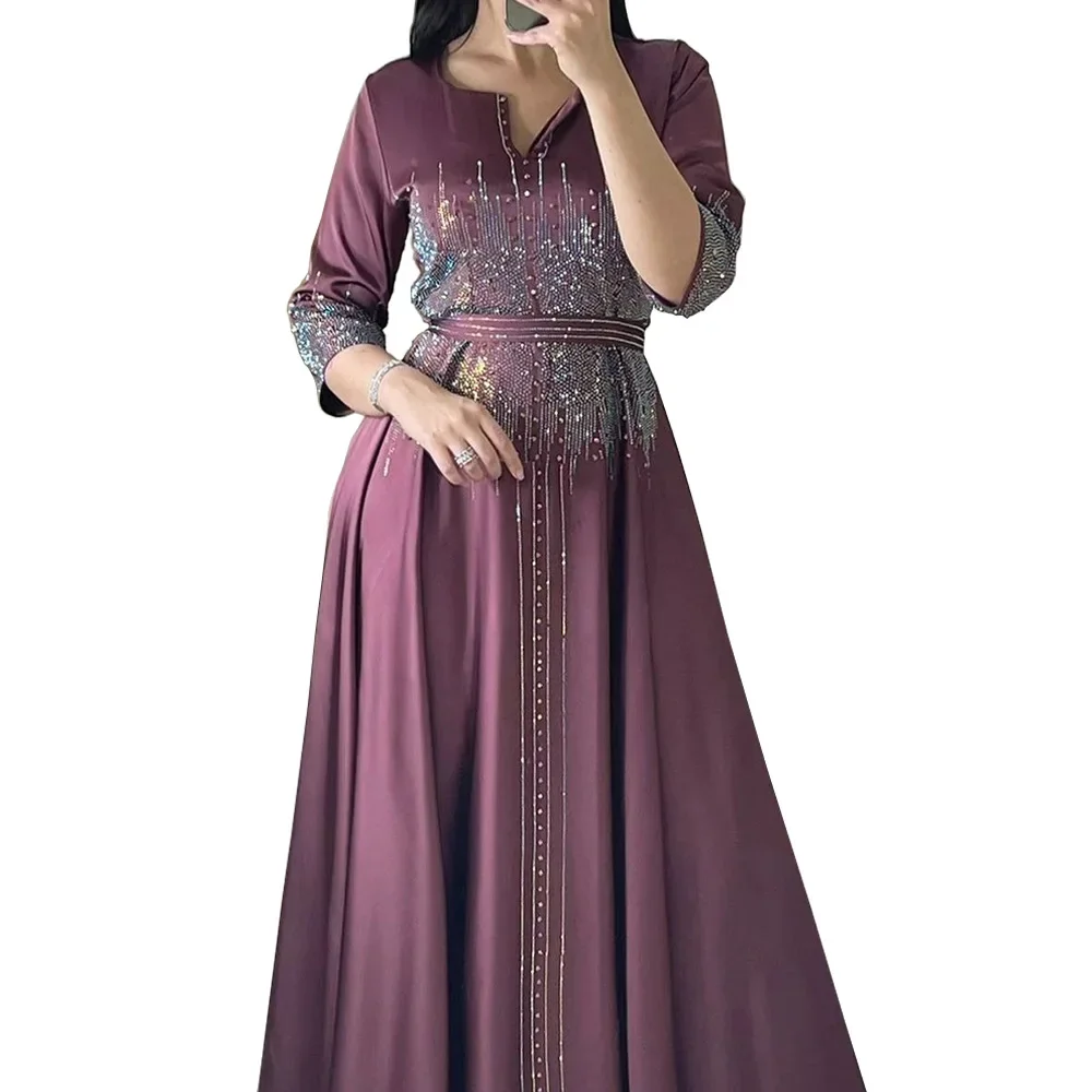 Clothes for Muslim Women Autumn Fashion Muslim Women Long Sleeve V-neck Party Evening Long Maxi Dress Kaftan Abaya Dubai Outfits