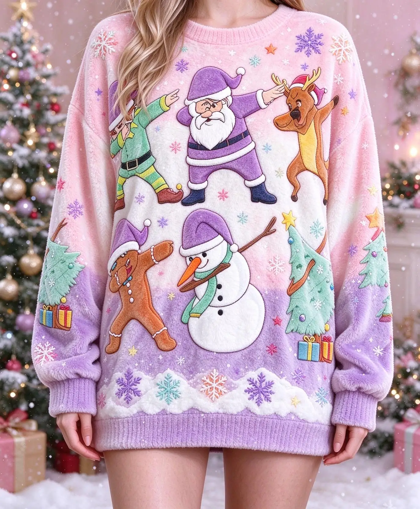 Women Crew Neck Flannel Sweatshirt Pink Purple Gradient Dancing Christmas Characters Print Long Sleeve Winter Warm Pullover Top