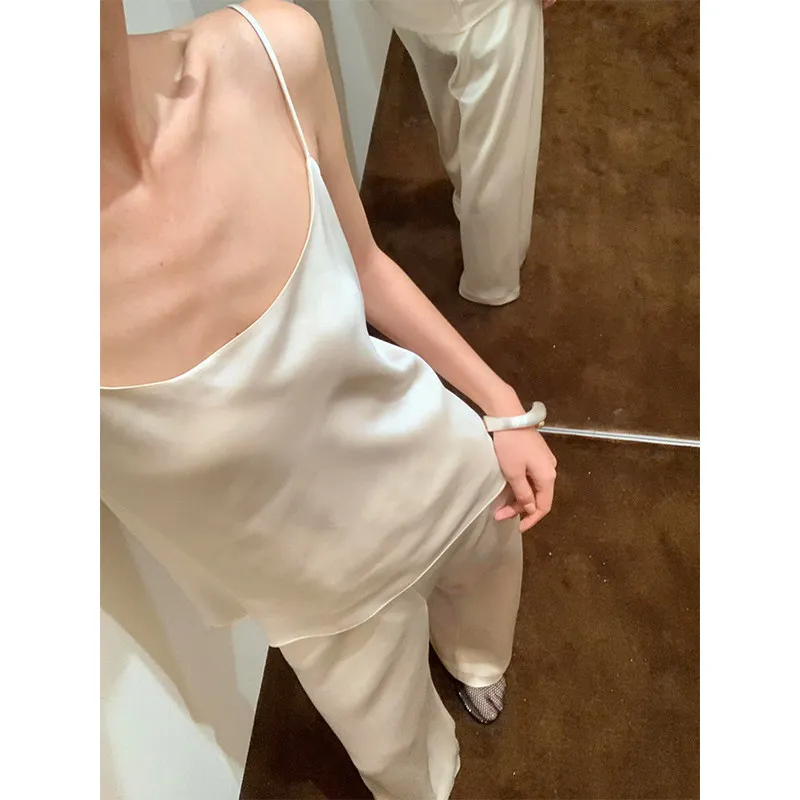 Sexy Satin Halter Vest and Pants Set Home Clothes Two-Piece Set Summer Loose Fit Straight Leg Long Pants Comfortable Sleepwear