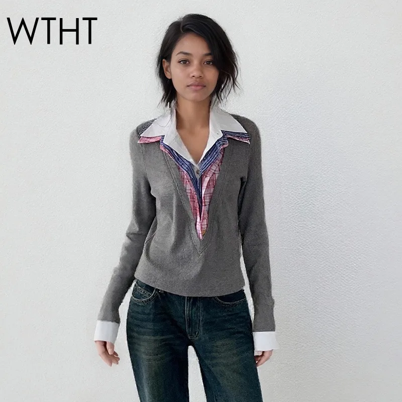 

WTHT New Trendy Women's Patchwork Plaid Fake Two-piece Knit Shirt 2025 Summer Fashion Lapel Long Sleeves Blouse Female 1LS2207