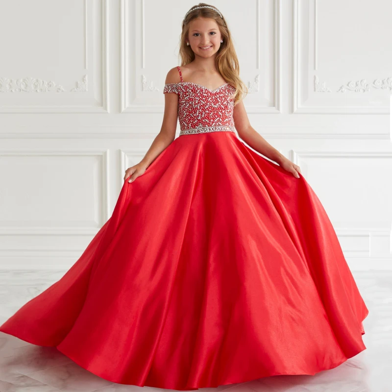 

Flower Girl Dresses Red Satin Jewel Sequin Sleeveless For Wedding Birthday Party Banquet Princess Holy Communion Gowns