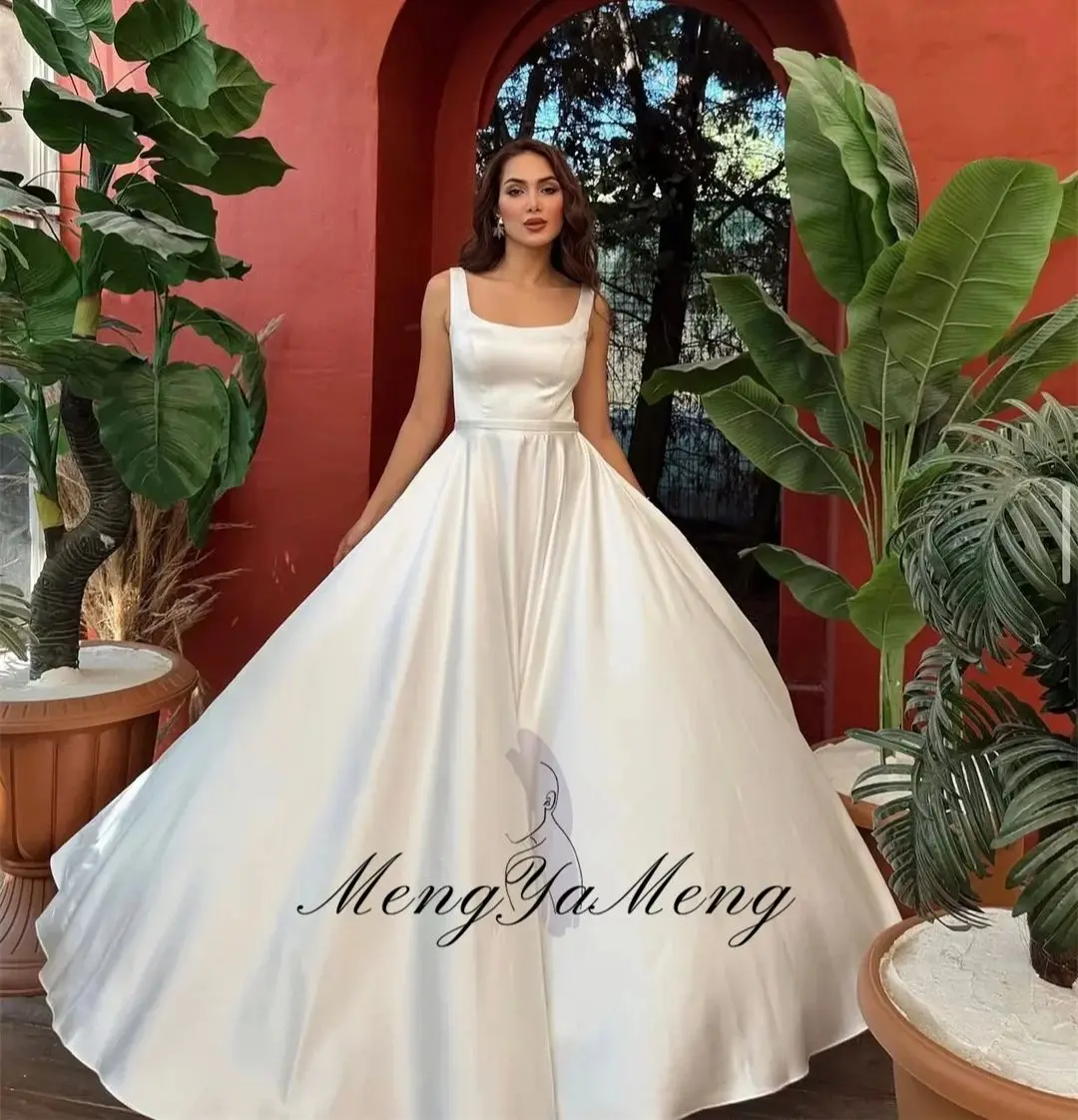 Sleeveless Simple Wedding Dresses Woman Elegant Satin Evening Party Dress Square Collar Customized Satin Prom Gown Robe Soiree