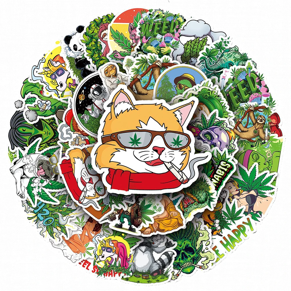 

10/30/50pcs Cool Spoof Characters Leaves Weed Smoking Stickers for Laptop Skateboard Car Funny Graffiti Decals Sticker Wholesale