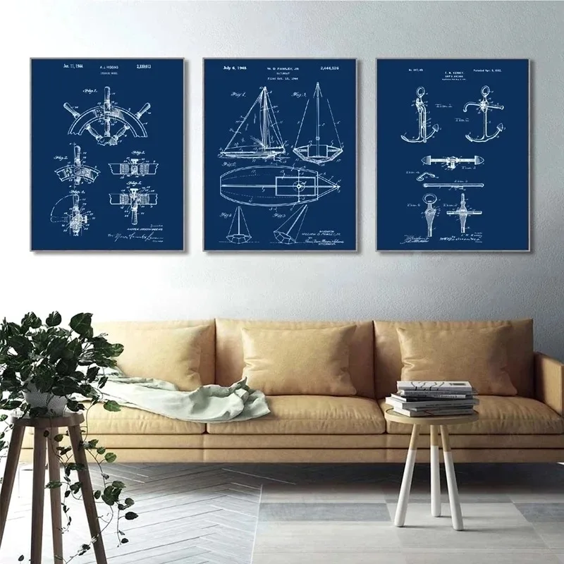 Sailboat Patent Print Poster and Picture Canvas Painting Yacht Anchor Ship Wheel Sailing Blueprint Nautical Wall Art Home Decor