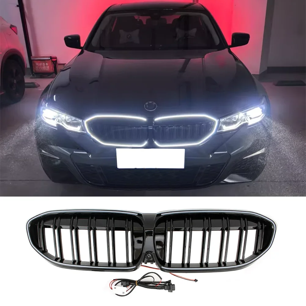 Double Line Front Racing Upper LED Grilles For BMW G20 G28 3 Series 320i 325i 330i M340i 325Li xDrive M LCI Grille 2019-2022