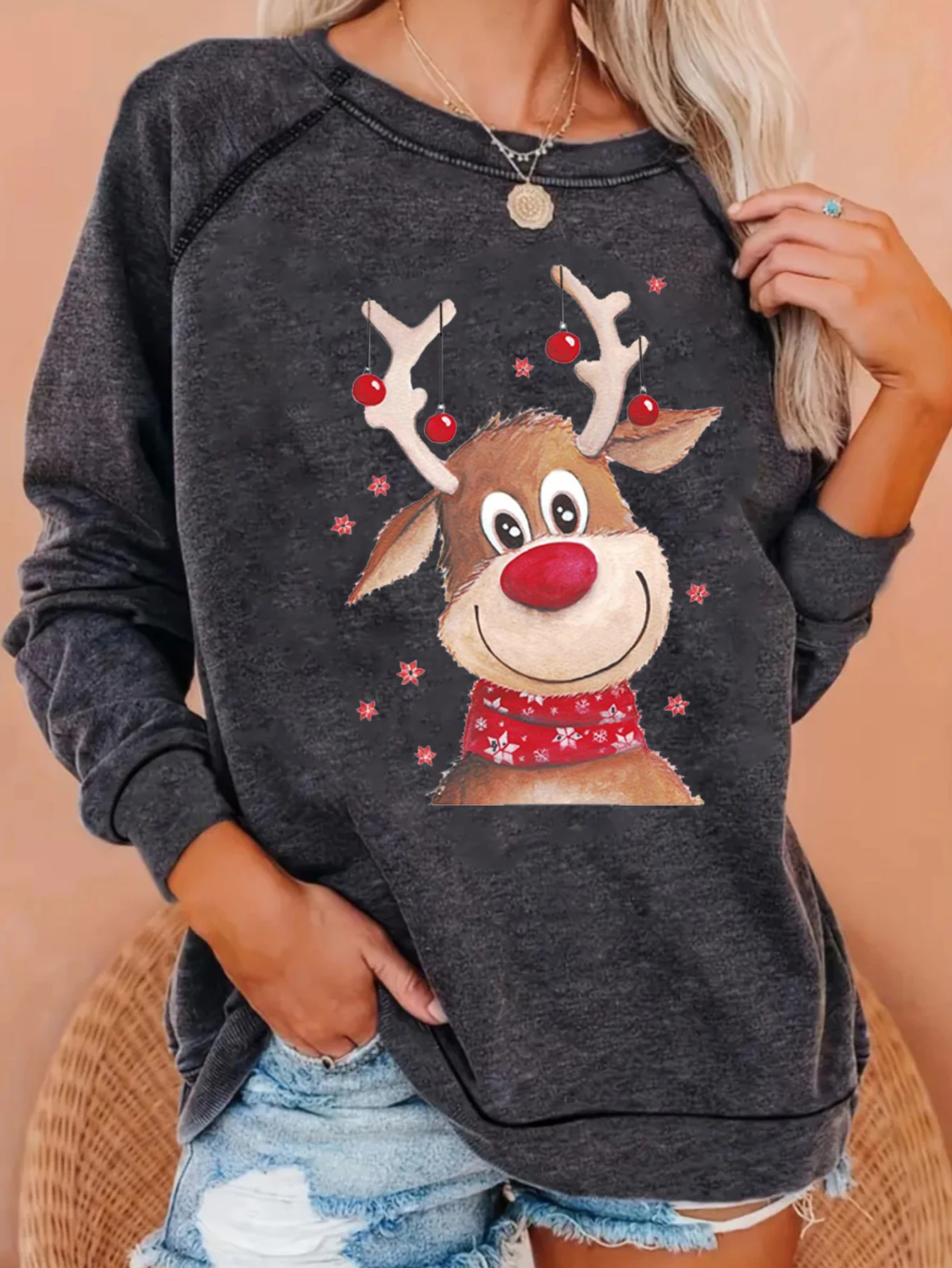 

Christmas cute cartoon deer print crew-neck sweatshirt autumn/winter women's hoodie sweatshirt clothes for women