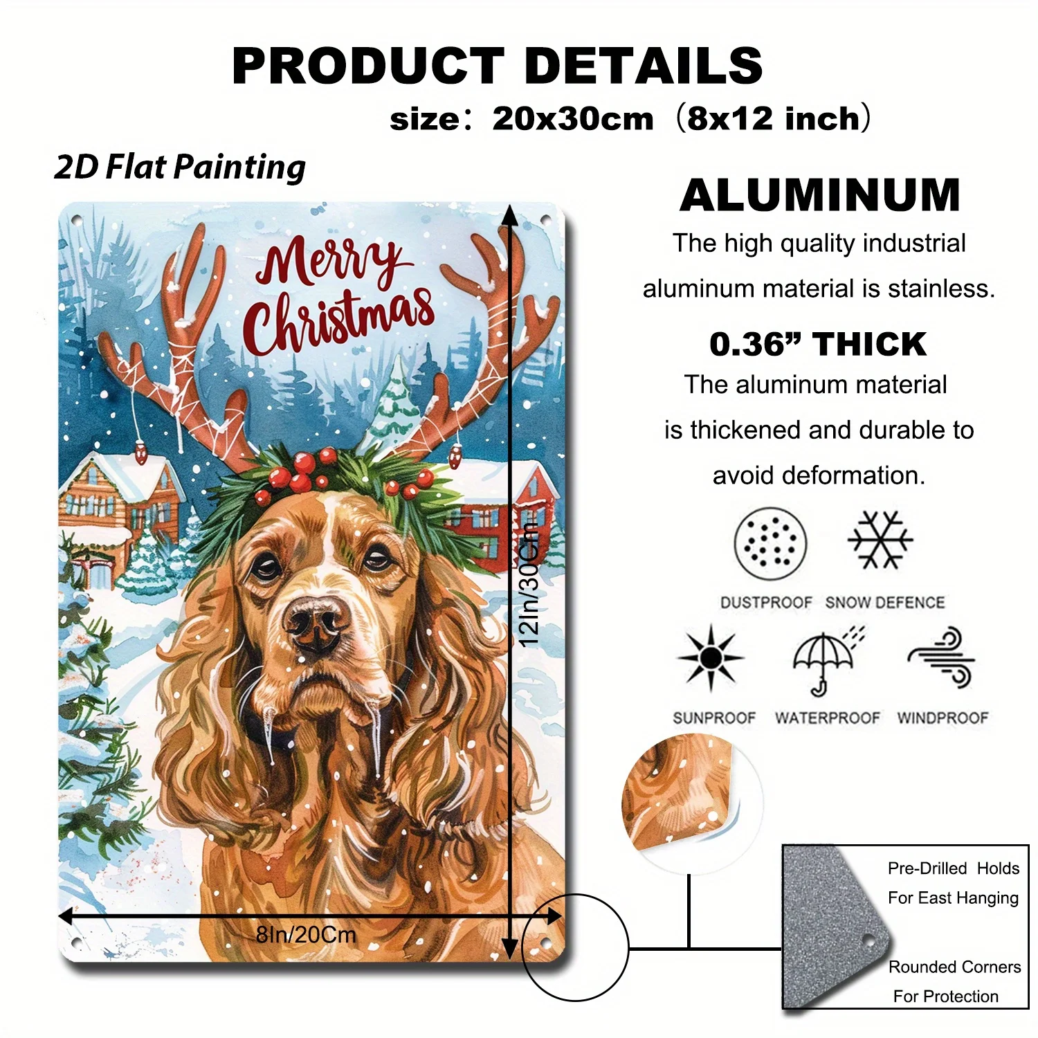 2D Flat 1pc 8x12 Inch(20cm X 30cm) Roosterer Spaniel's Merry Christmas Greetings Tin Sign Joyful Canine by the Tree for Season