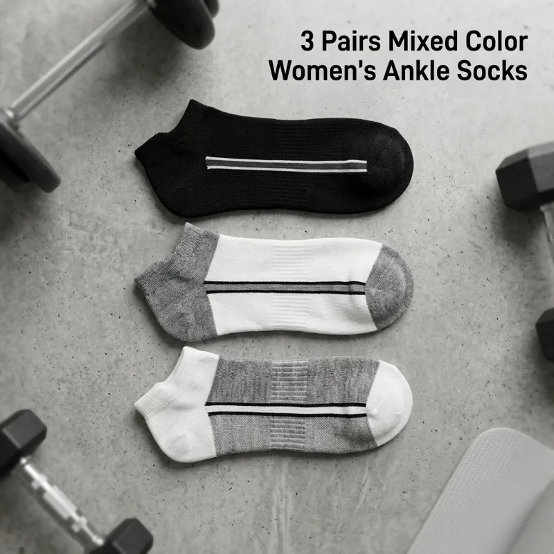 3 pairs of exquisite versatile black, white, and gray mixed women's ankle socks