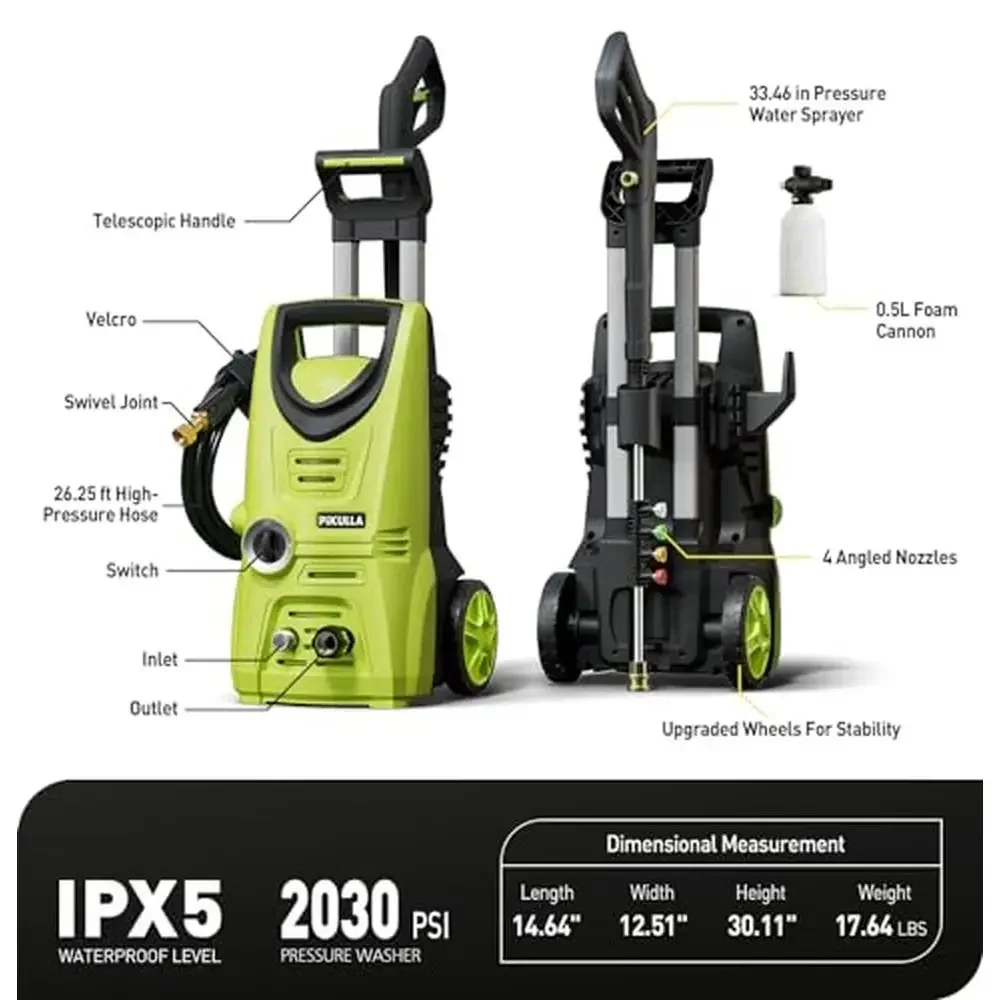 2030 PSI Electric Pressure Washer Clean Car Patios Fences Fast Efficient 4 Nozzles 26ft Hose IPX5 Waterproof High Mobility