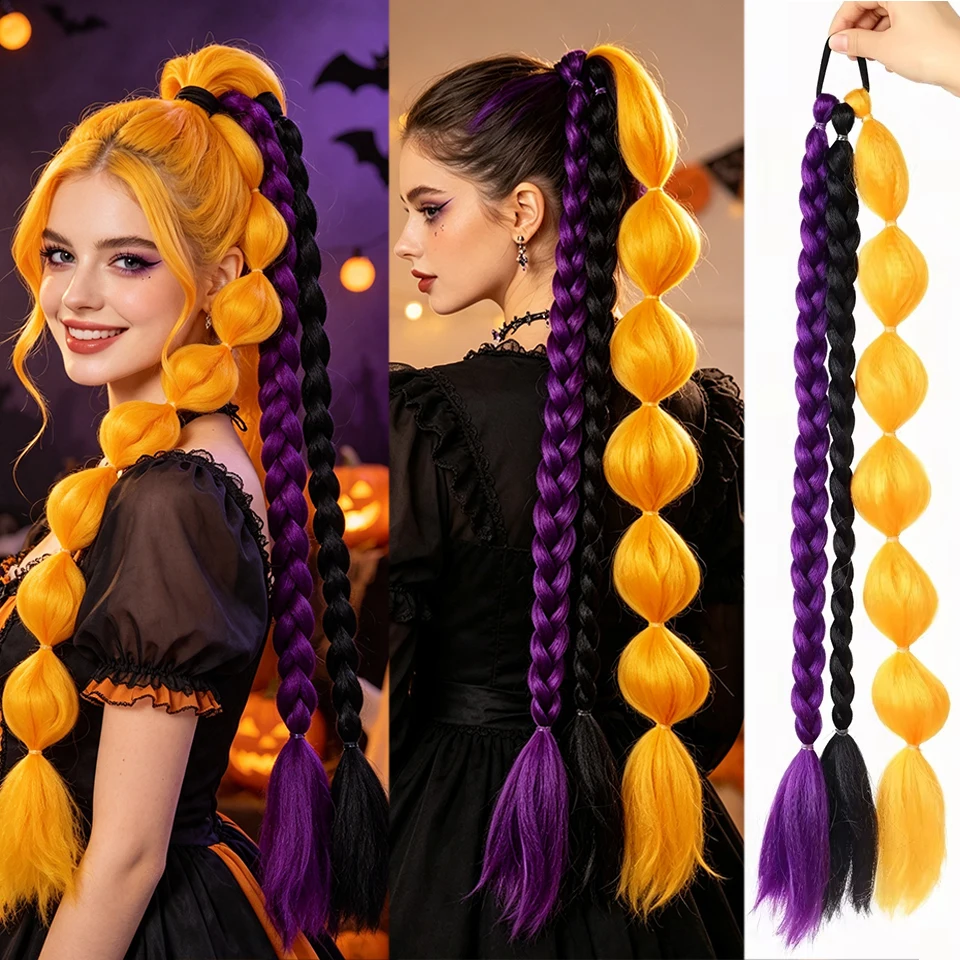 Synthetic tricolor ponytail bubble braided ponytail wig suitable for women's Halloween and Christmas role-playing wear
