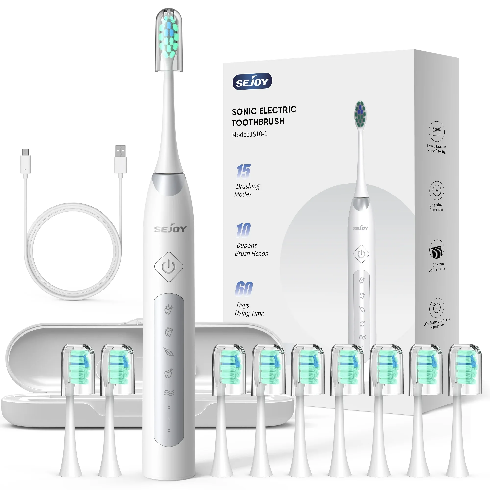 Sejoy Sonic Electric Toothbrush For Adults Tooth Deep Clean 10 Brush Heads Travel Case Built in Smart Timer Sonic Toothbrush