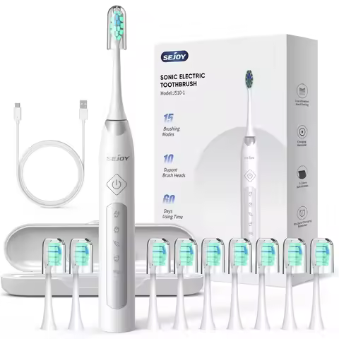 Sejoy Sonic Electric Toothbrush For Adults Tooth Deep Clean 10 Brush Heads Travel Case Built in Smart Timer Sonic Toothbrush