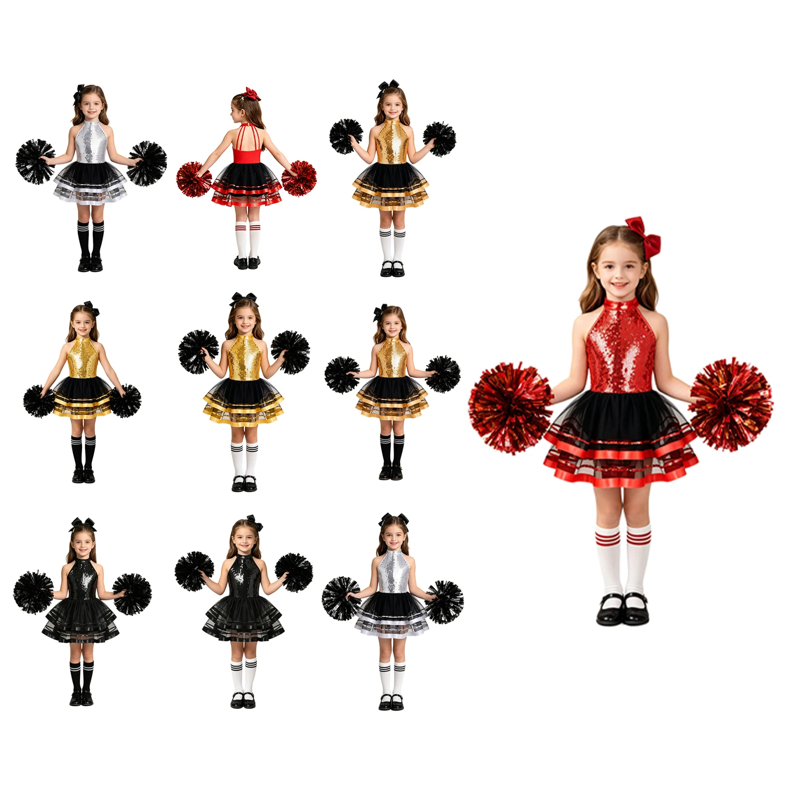 Kids Girls Sparkling Jazz Dance Costume Halter Sequins Backless Tulle Ballet Tutu Dress with Flower Balls Cheerleading Outfit
