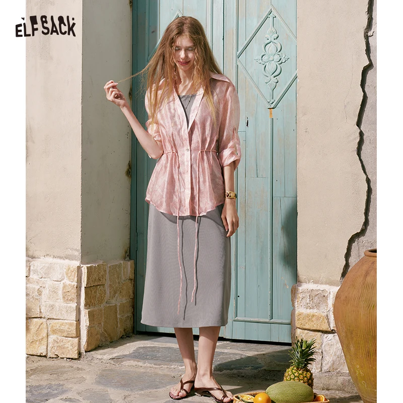 

ELFSACK Women's Sheer Tie Waist Shirt Matching Maxi Skirt Set, Long Sleeve Semi-Sheer Two Piece Vacation Outfit for Summer