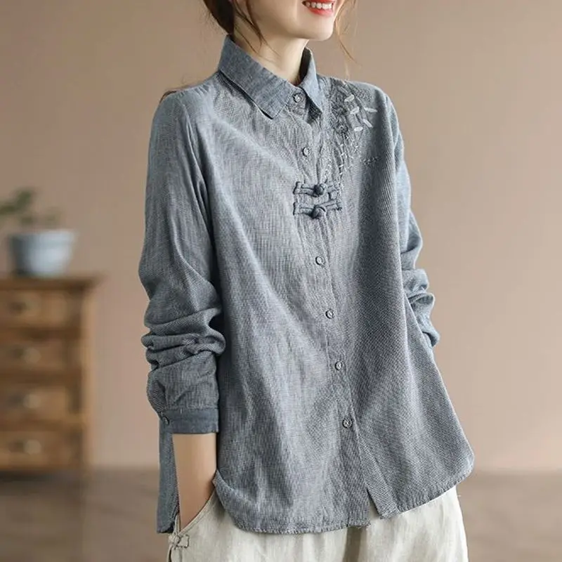 Grey Button Cotton Linen Embroidered Plaid Shirt Top For Women\'s Spring/summer New Long Sleeved Top