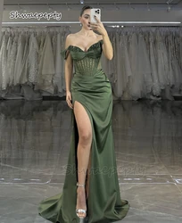 Olive Green Prom Dresses Side Split Off Shoulder Sexy Evening Gowns Beaded Sequins Corset 2025 Women Party Dress Customized