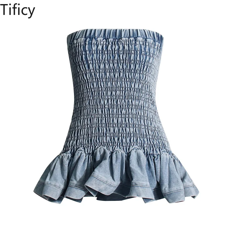 TIFICY Sexy Spicy Fashion Short Denim Dressew Women's Summer New One-piece Collar Spliced Ruffled Denim Strapless Jean Dress