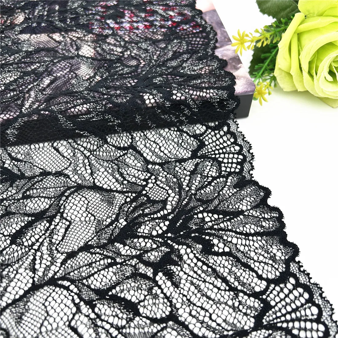 3y/lot Width 23cm Black With Silver Foil Elastic Lace Trim Lingerie Sewing Craft DIY Apparel Fabric Lace Dress Garment Accessory