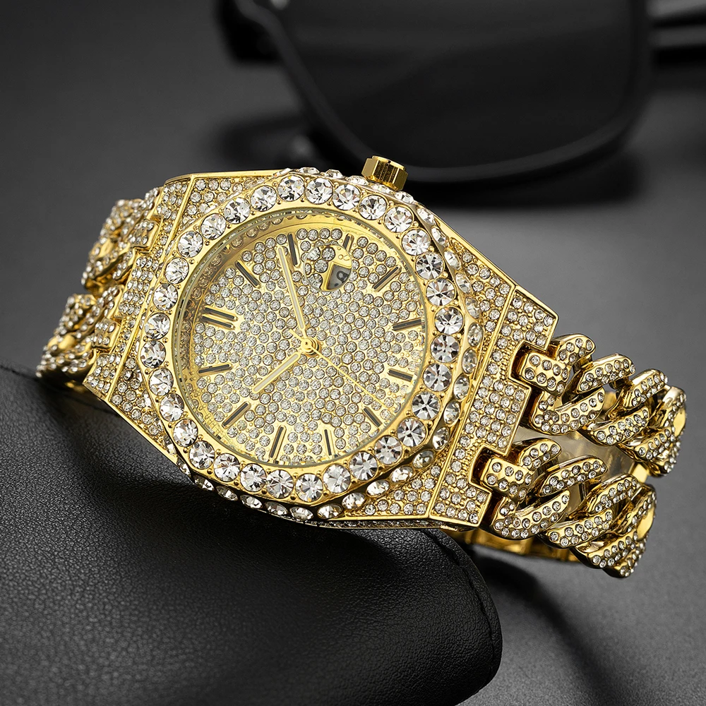 High End Luxury Watches For Men Fashion Full Diamond Quartz Luminous Wristwatches Top Brand Iced Out Bling Crystal Male Clock