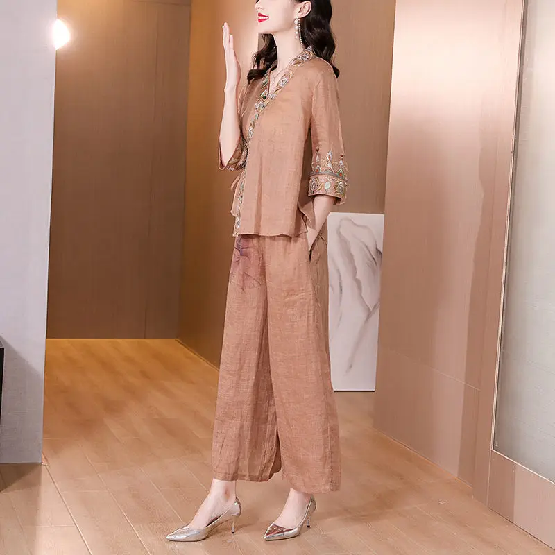 Summer Chinese Style Women's Literary Retro Improved Hanfu Tang Suit Tops Wide Leg Pants Cotton And Linen Two Piece Set h2268