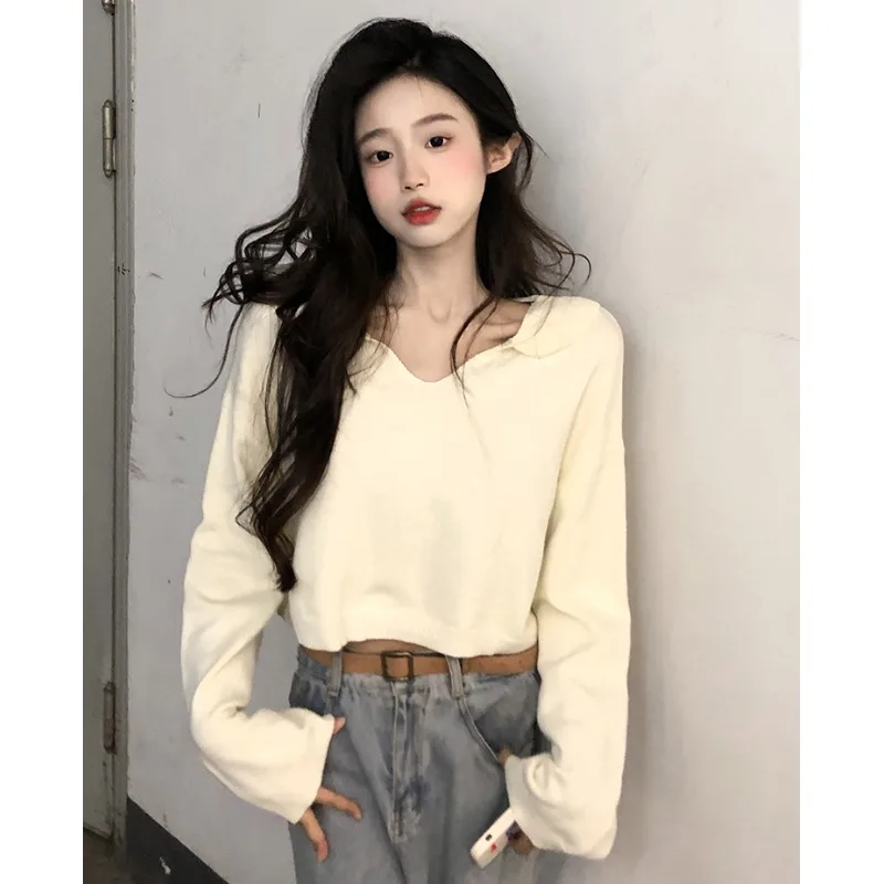 

Абрикосовая женская рубашка с длинным рукавом, свободный крой, для похудения, весна и осень, внутренний слой, вязаный топ, высокая талия, укороченный