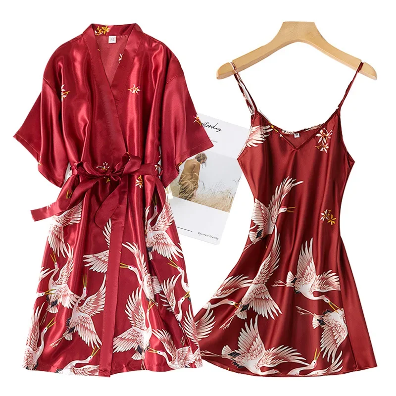 Burgundy Women Faux Silk Kimono Robe Gown Sets Sexy Print Crane Nightdress &Bathrobe Lingerie Nightgown Summer Sleepwear