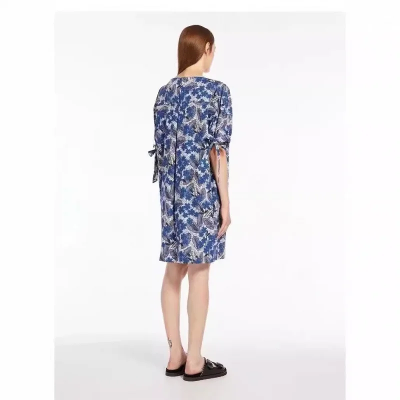 Max2024 Spring and Summer Elastic Cuffs Lace-up Boat Neck Profile Cotton Loose Dress