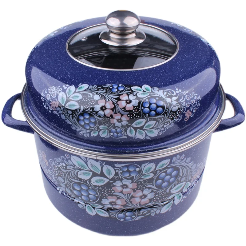 

Double-grate enamel steamer Double-layer steamed slices thickened flat-bottomed soup pot stew Large-capacity enamel