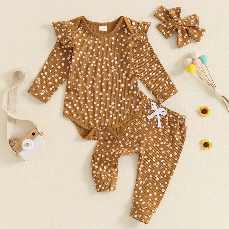 Newborn Baby Girl Pant Sets Fall Clothes Floral Long Sleeve Ribbed Bodysuit Bow Pants Headband 3 Piece Set Baby Clothing