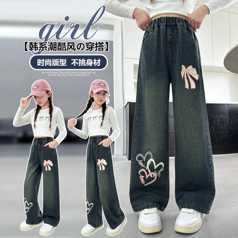 

Girls' Printed Denim Jeans, Spring Bow and Heart Wide-Leg Pants, Printed Long Pants for Children, Suitable for Ages 7-14