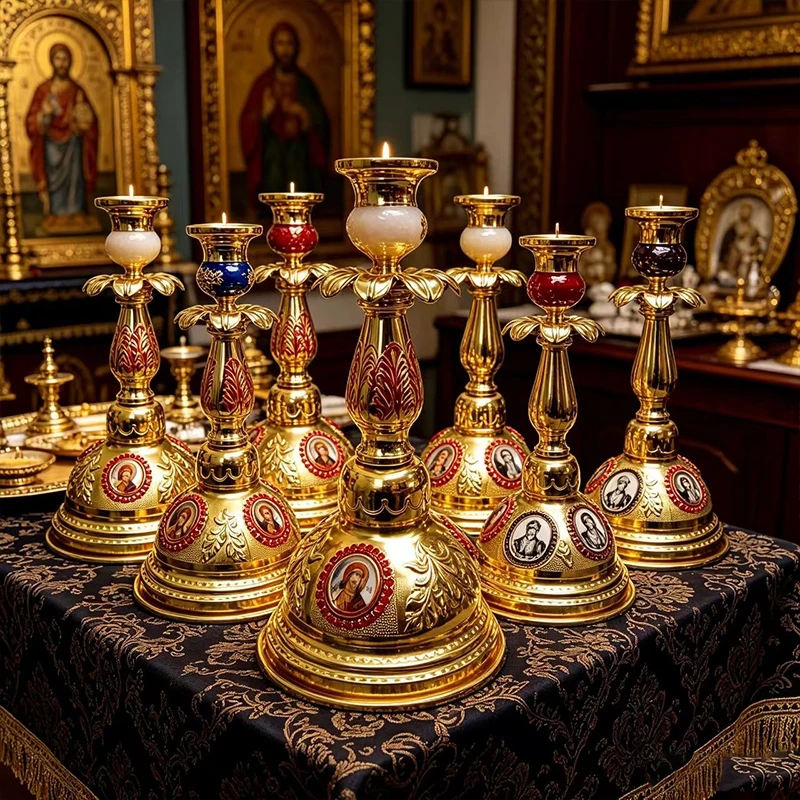 Orthodoxer Altar-Kerzenhalter aus Goldmetall, verziert im byzantinischen Stil, mit religiösen Ikonen für Kirchen- und Heimdekoration, christliches Geschenk – Detail 3