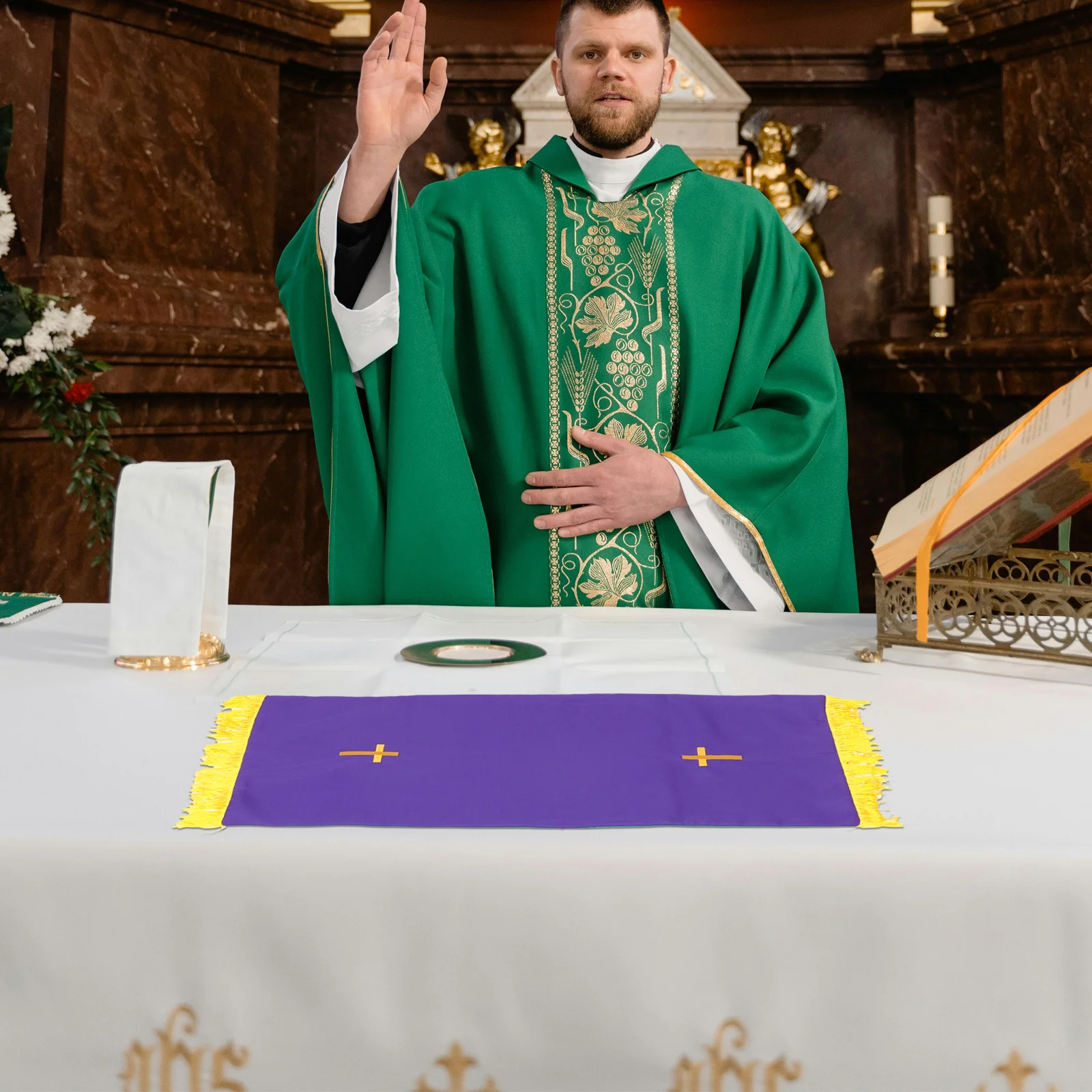 

Reversible Pulpit Scarf Altar Parament Set Green Purple Church Linen For Worship Liturgical Fabric Christian Embroidery