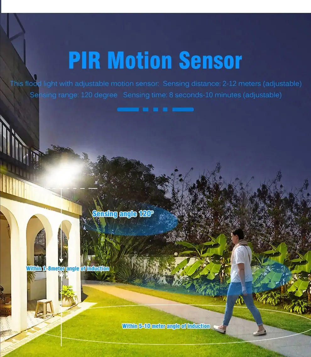 Reflector PIR de 100W con Sensor de movimiento, lámpara de pared para exteriores, luz blanca de 50W, 30W, 20W, 10W, LED impermeable IP66 para patio de jardín