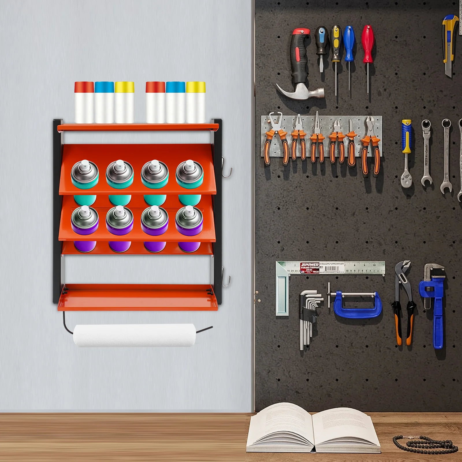 

Стойка для краски из углеродистой стали 44x16x50 см, настенная стойка для хранения масляного бака для смазки краски, стеллаж для отделки инструментов с 8 отверстиями, стеллаж для хранения