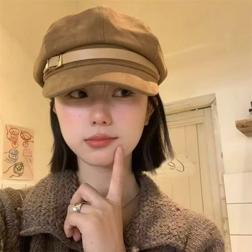 

Fashion British Style Pu Leather Beret Brown Retro Suede Octagonal Hat Newsboy Cap Belt Buckle Painter Hat Autumn