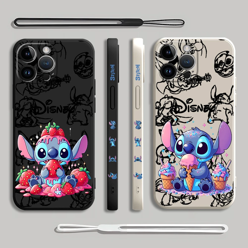 Case for Apple iPhone XR 16 15 Pro Max X 7 8 14 Plus 11 Pro SE 12 13 Mini XS Cute Disney Stitch Silicone Square Liquid