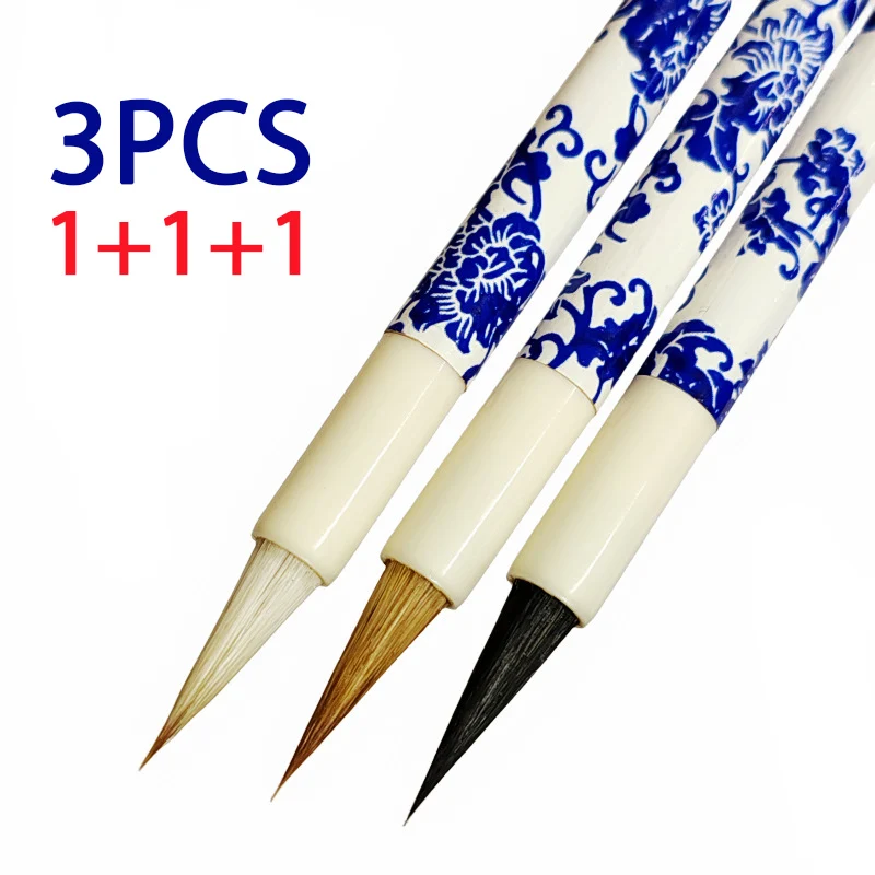 3PCS Chinese Style Calligraphic Brushes Blue and White Porcelain Pen Holder Weasel Wool Hair Writing Brush Xiaokai Kaishu Brush