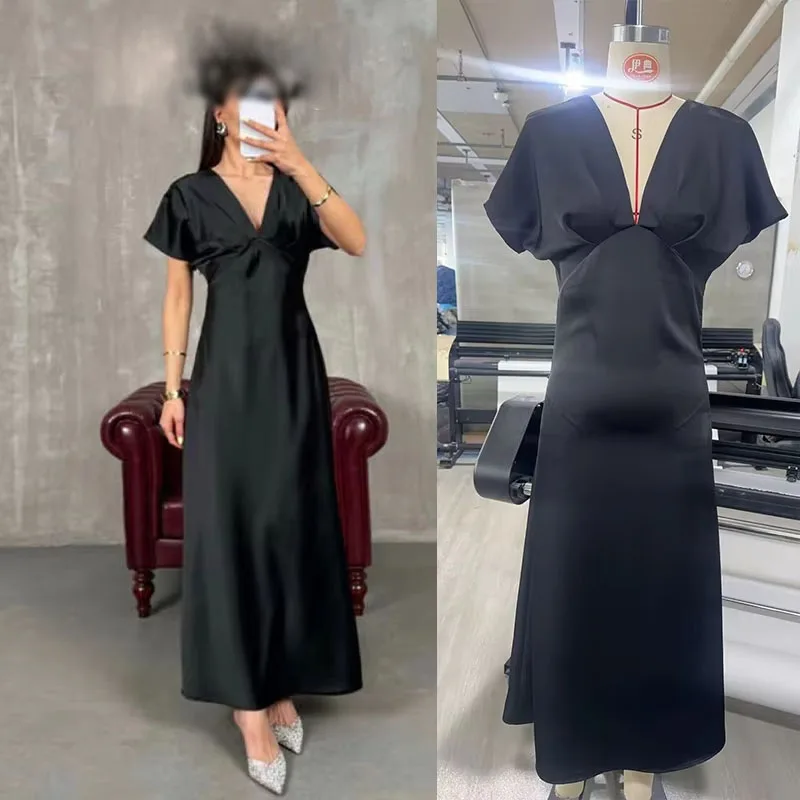 فستان نسائي صيفي موديل 2025 بأكمام قصيرة فستان ميدي مثير بياقة على شكل حرف v مطوي فساتين متينة للحفلات المسائية أنيقة 4 ألوان