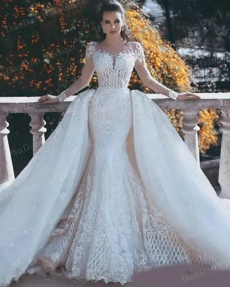 

Customized Scoop Applique Beaded Bridal Detachable Train Wedding Gowns Robe De Long Sleeves Mermaid Bridal Dresses