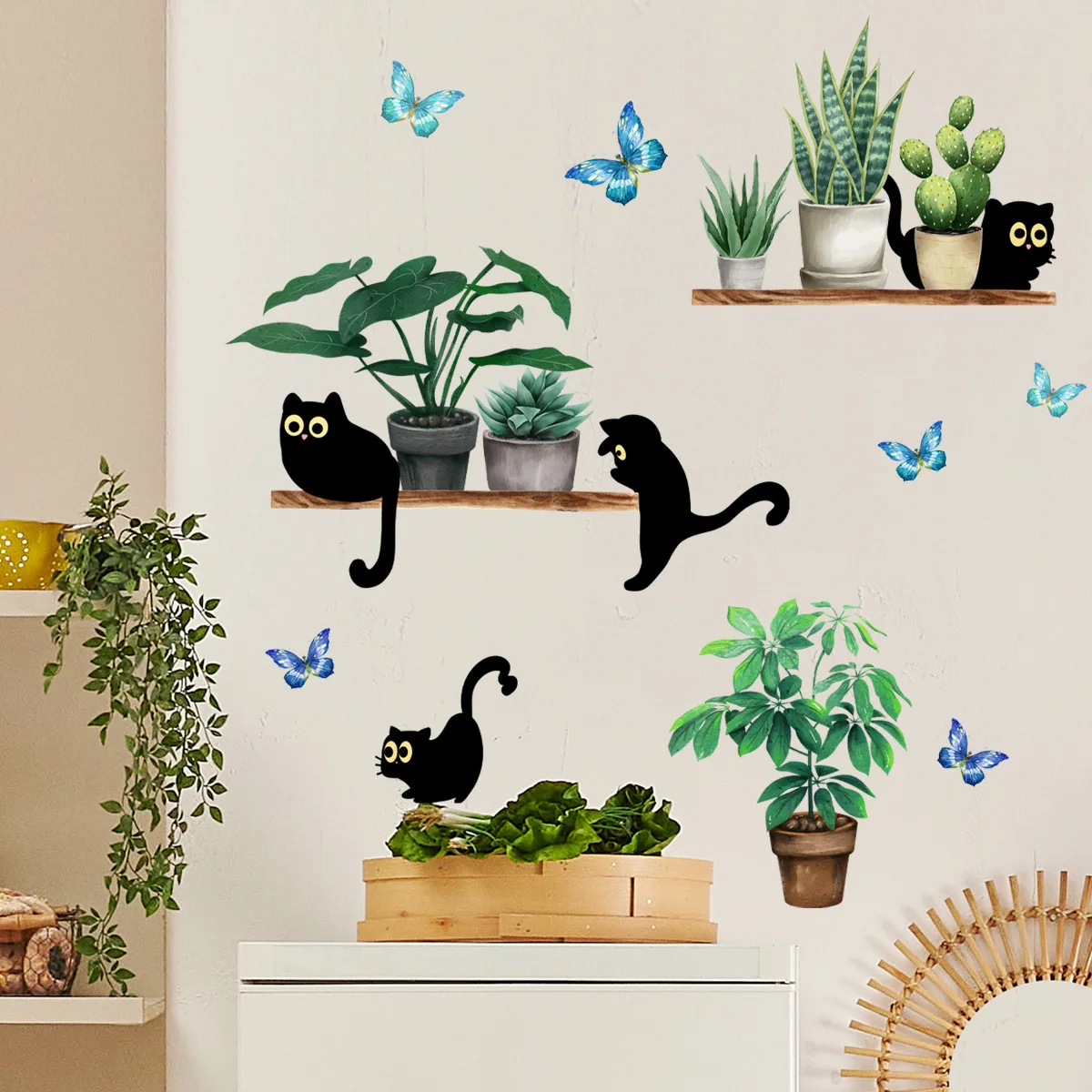 1PC Green Plant Potted Cute Kitten Cartoon Wall Sticker Creative Background Wall Living Room Decoration Mural Wall Sticker