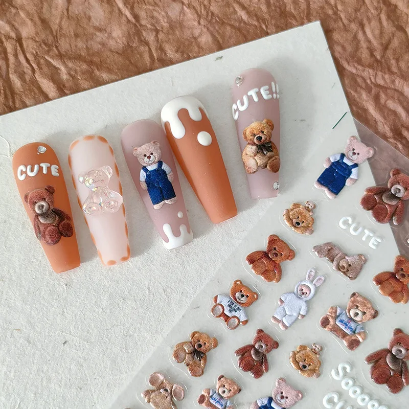 Cute 5D Little Bear Soft Reliefs Self Adhesive Nail Art Decorations Stickers Lovely Bunny Unicorn Flower Girl 3D Manicure Decals