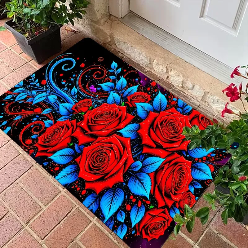 Vibrant Red Rose Blue Leaf Doormat Black Background Print Soft Entrance Rug Indoor Outdoor Elegant Home Decor Carpet