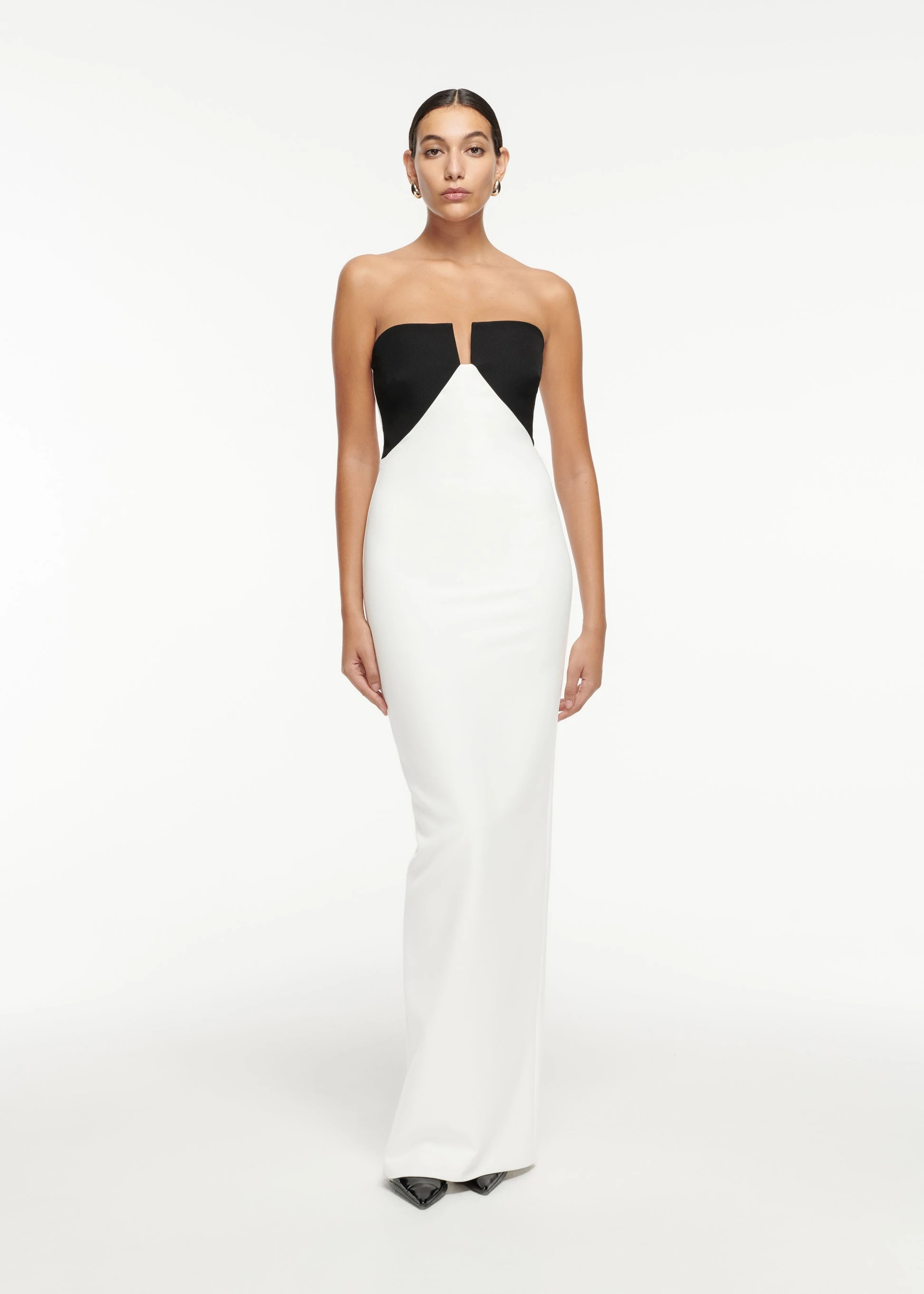 

Customized Fashion Jersey Straight Evening Dress Strapless Zipper Back Back Slit Sleeveless Sweep Train Vestidos para mujer