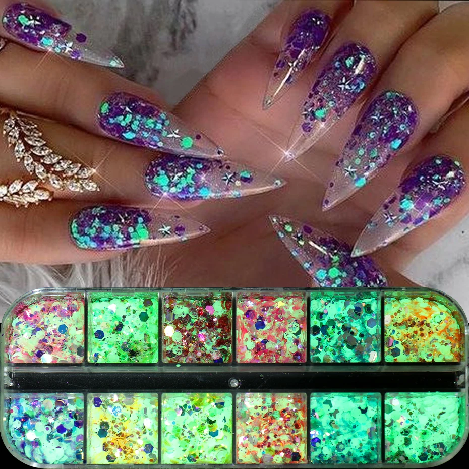 12 Grids Glow in the Dark Nail Art Powder Holographic Hexagon Shiny Glitter for Nails Spring Summer Neon Effect Nail Decoration