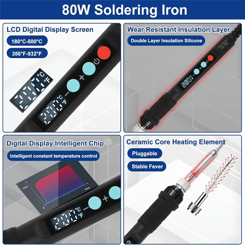 

Светодиодный паяльник AB34-80W с контролем температуры и набором резьбовых вставок из 130 предметов, вилка европейского стандарта